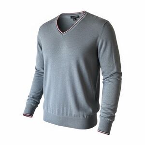 NEW Banana Republic Mens Classic V-Neck Gray Sweater with Stripe Trim, L